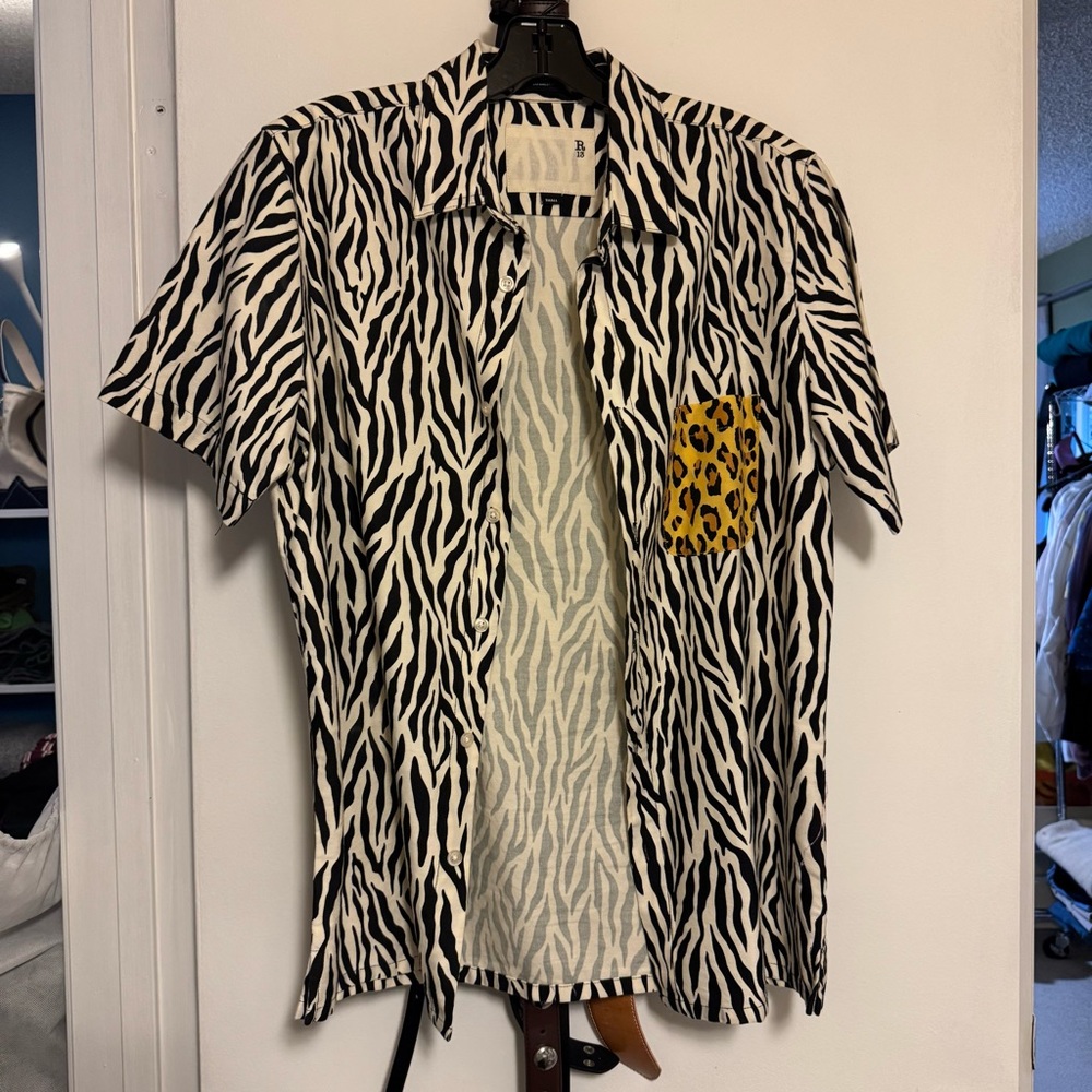 Zebra Print Short Sleeve Shirt with Leopard Pocket